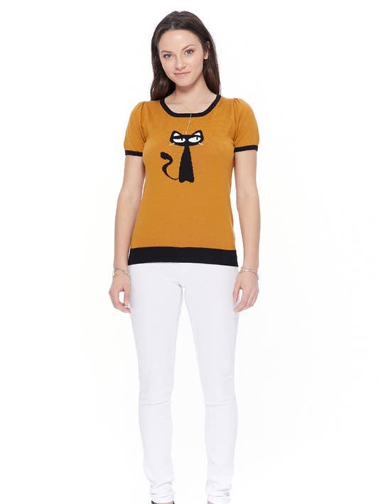 Mak - Wholesale Knit Sweater - Women's - Short Sleeve Crewneck Cat Print Casual T-Shirt Sweater
