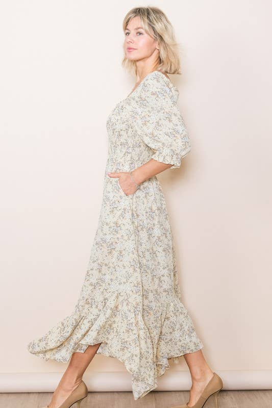 Elloh Collection – wholesale Dress – Women's – Sweetheart Half Sleeve Handkerchief Hem Floral Maxi Dress9