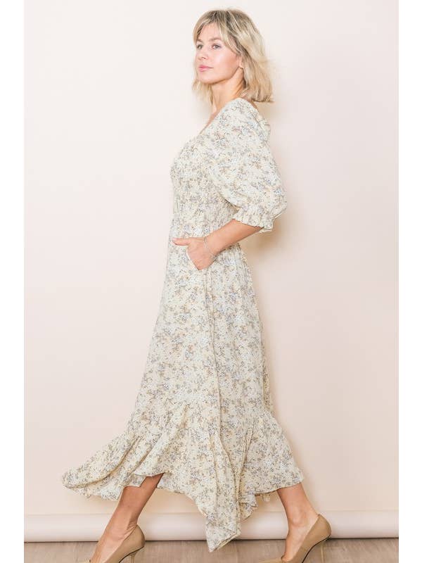 Elloh Collection – wholesale Dress – Women's – Sweetheart Half Sleeve Handkerchief Hem Floral Maxi Dress9