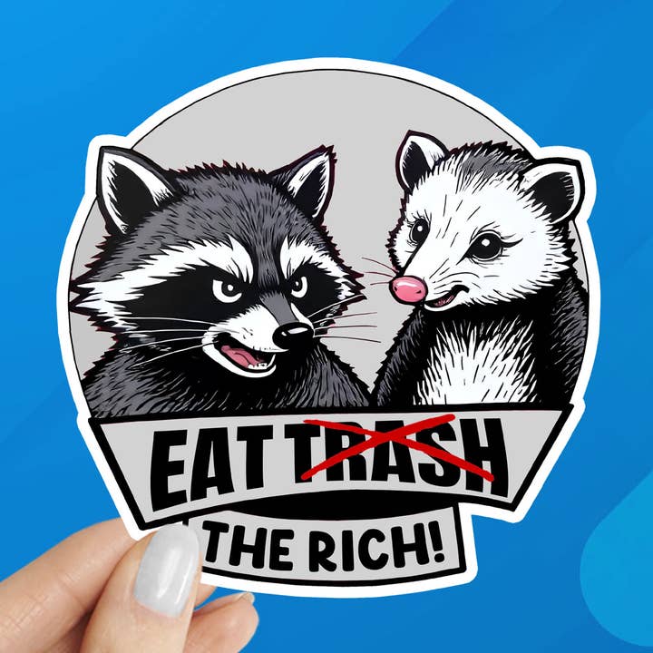 Angry Raccoon Possum Eat the Rich Laptop Sticker for wholesale by Coastal Creators of Connecticut