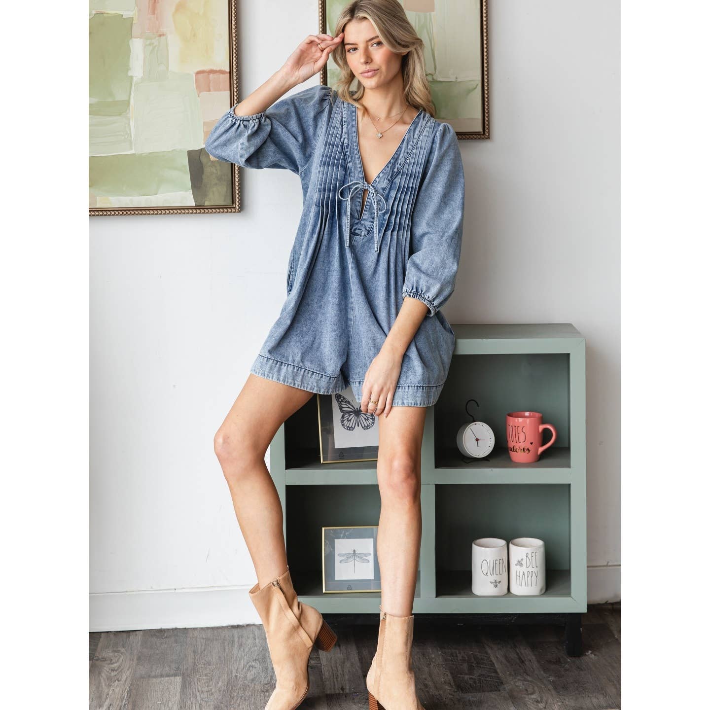 Veveret - Wholesale Romper - Women's - V-neck Puff Sleeve Denim Romper14