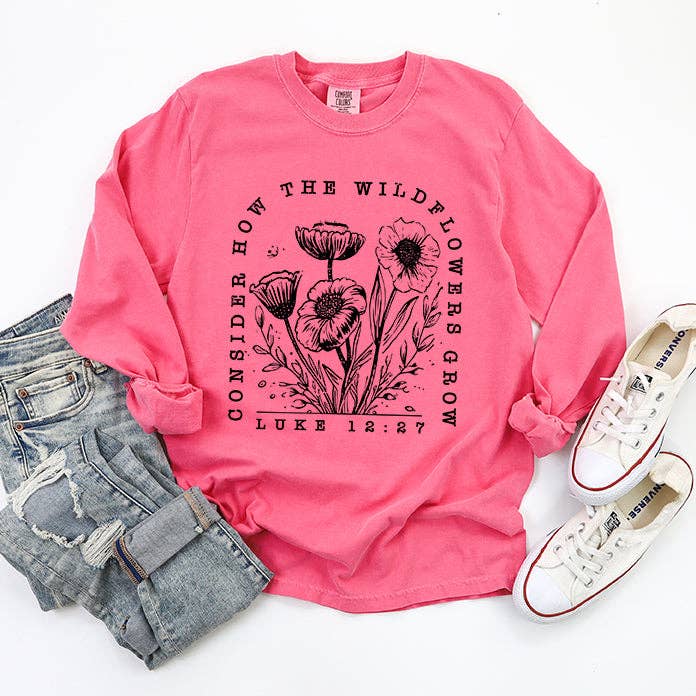 Uplifting Threads Co Wholesale - Wholesale Screen Printed T-Shirt - Women's - Wildflowers Grow | Garment Dyed Long Sleeve1