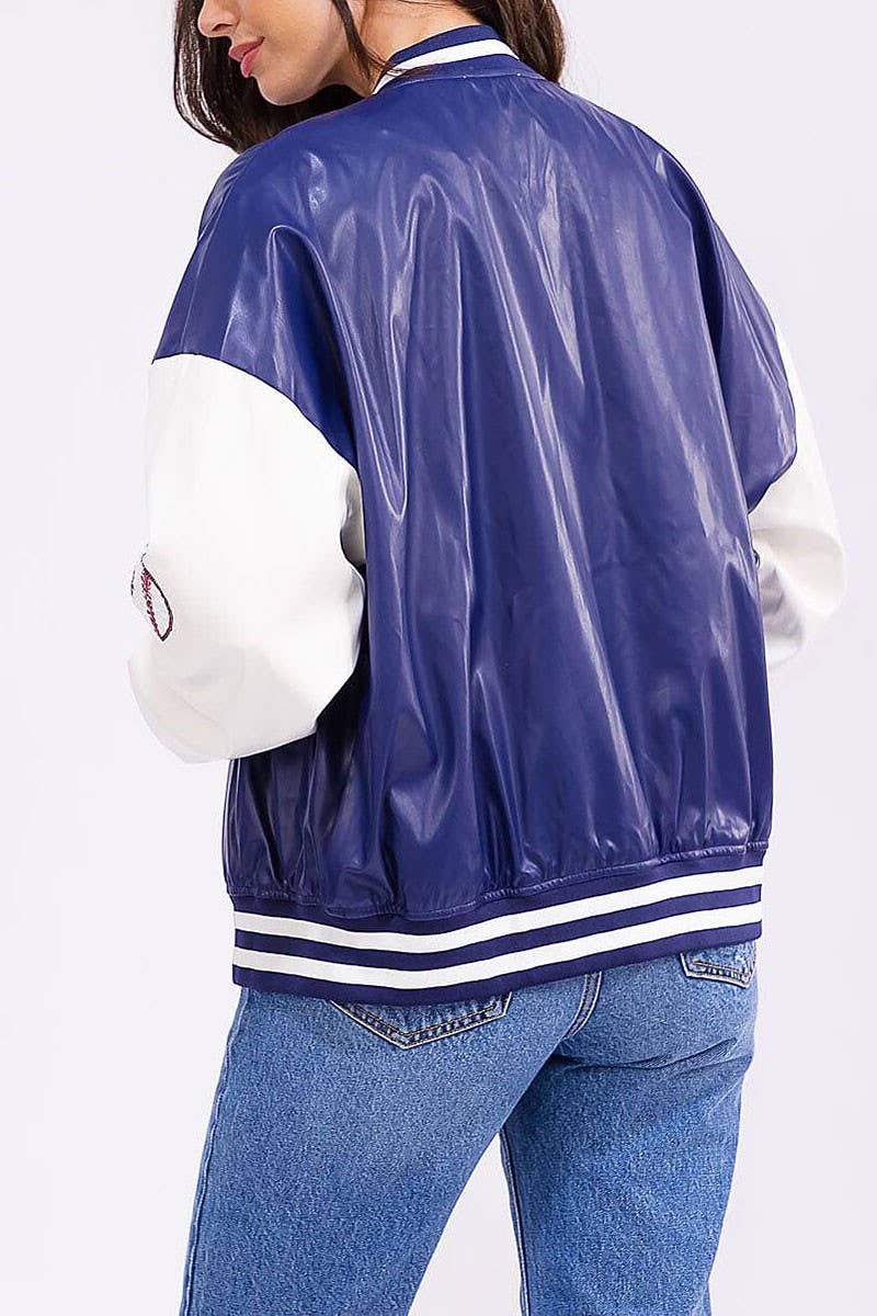 ROUSSEAU - Wholesale Varsity/Baseball Jacket - Women's - BUTTON FRONT POCKETS PU PLEATHER VARSITY JACKET1