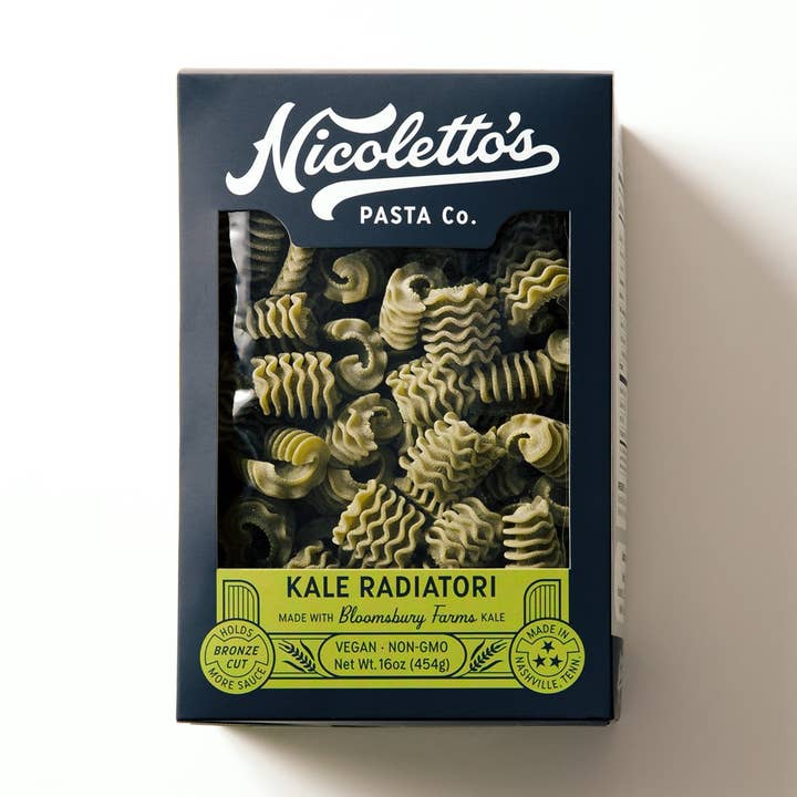 Bronze Cut Kale Radiatori for wholesale by Nicoletto's Pasta Co.