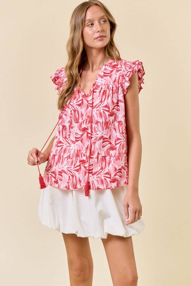 Doe and Rae - Wholesale Blouse - Women's - Abstract Print V-Neck Double Ruffled Cap Sleeve - 44961T6