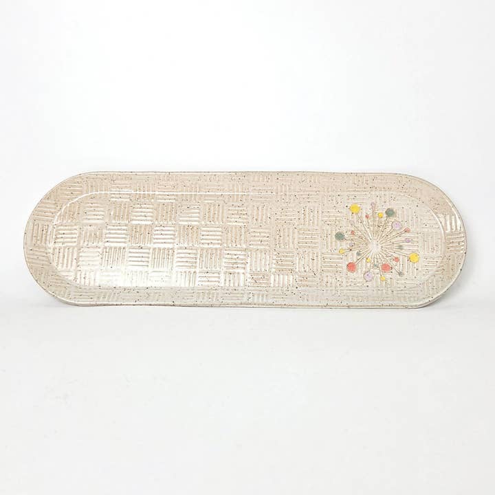 Art Deco Sunburst on White Hnadmade Stoneware 12" Platter for wholesale by White Squirrel Clayworks