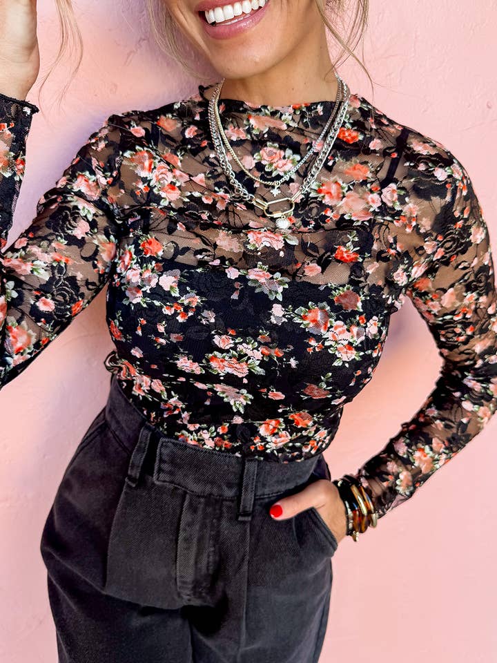 Black Floral Mesh Sheer Long Sleeve Top for wholesale by Lillie + Co