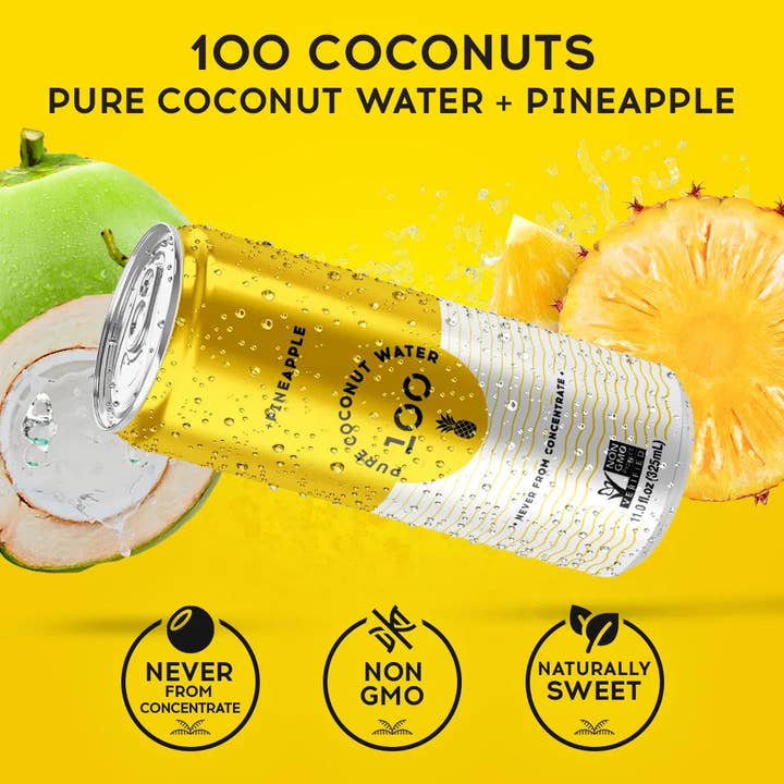 100 Coconuts - Wholesale Flavored/Infused Water (Non-Carbonated) - PURE COCONUT WATER + PINEAPPLE - 12 Pack2