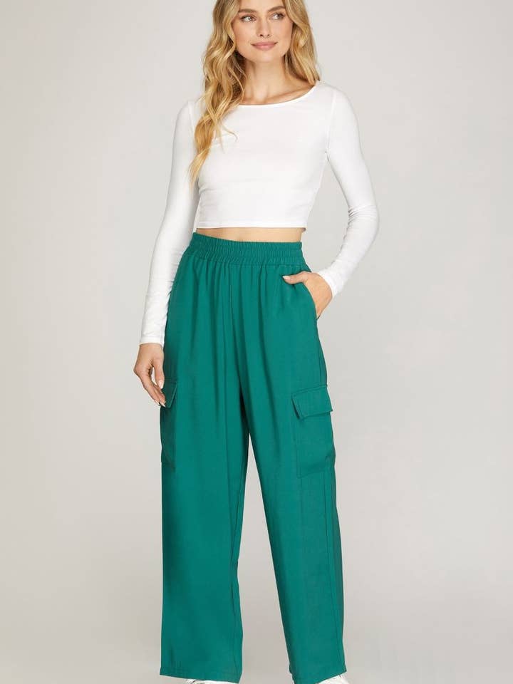 PANTALON CARGO À JAMBES LARGES ET TAILLE ÉLASTIQUE PAON SKSY4772 pour la vente par Stylish Wholesale