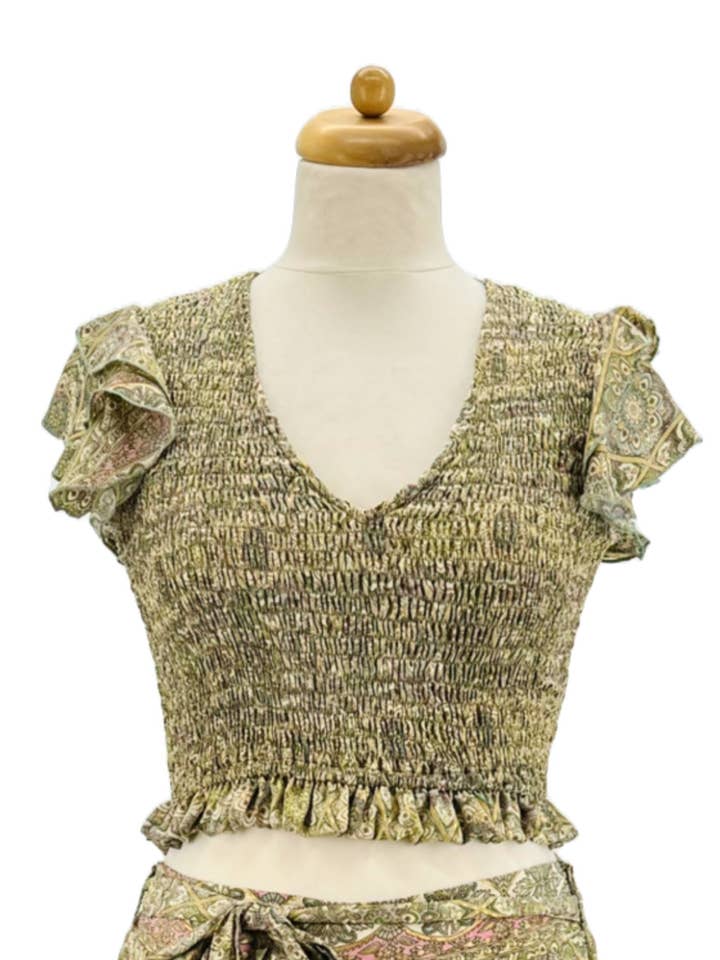 BEIGE TURQUOISE KHAKI Cold Silk Boho Top with Geometric Print –Handmade for wholesale on Faire4