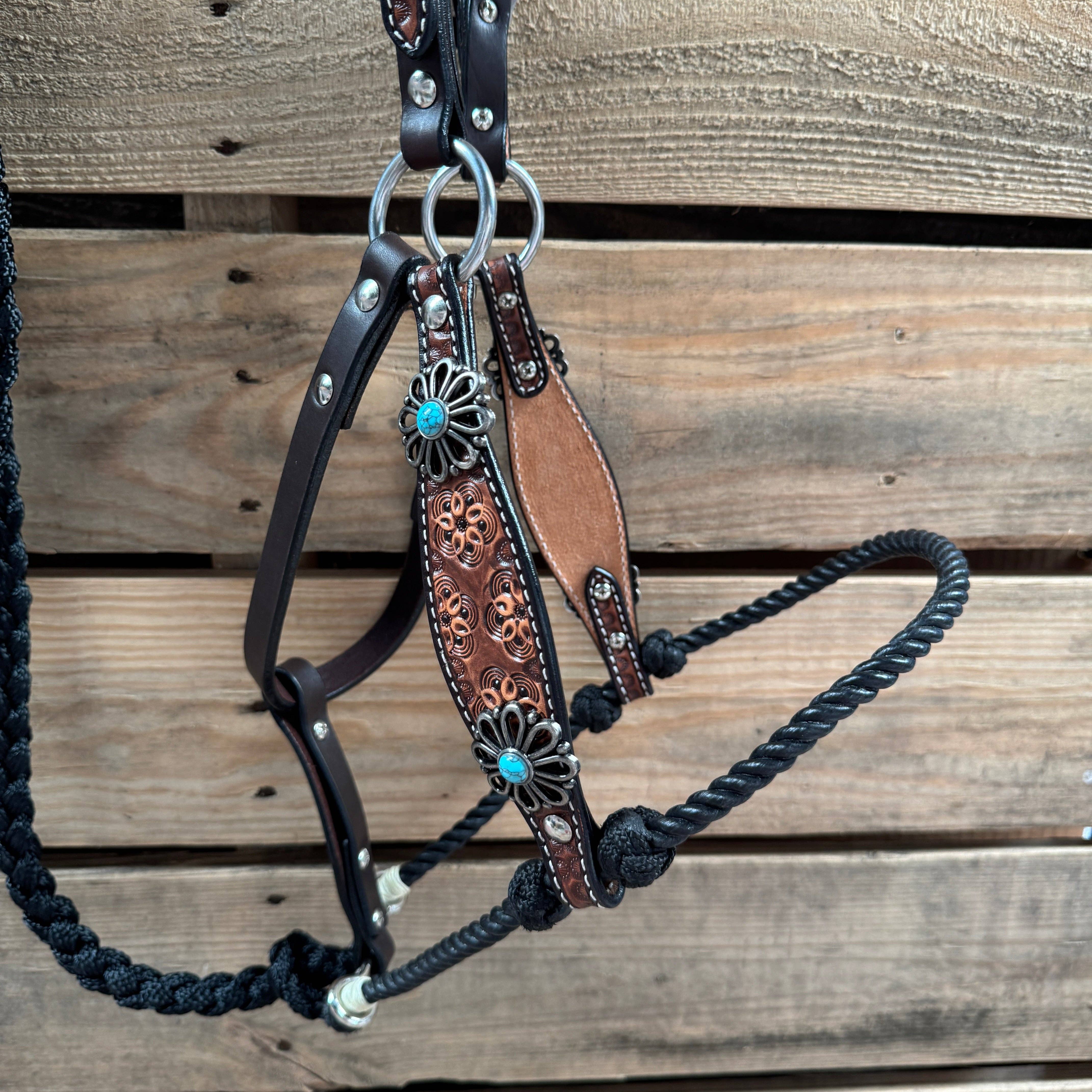 Rodeo Drive - Wholesale Horseback Riding Gear - Floral Tooled Lariat & Leather Combo Halter #LH1191