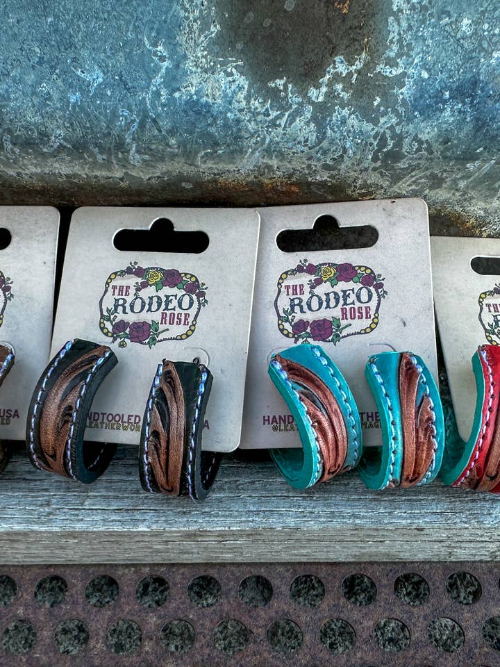 Tooled Leather Hoop Earrings 30mm Cowgirl Rodeo Western for wholesale by The Rodeo Rose
