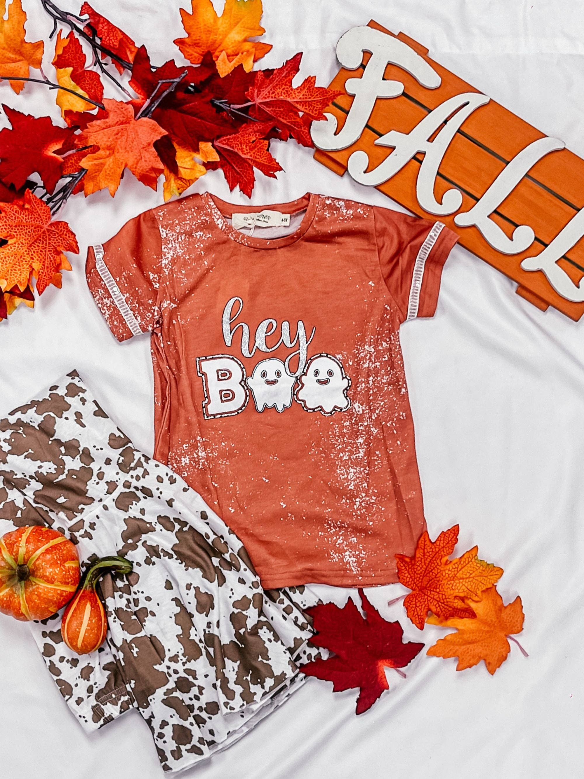 Rust Girls' Hey Boo Ringer on Orange Splatter Tee for wholesale on Faire0