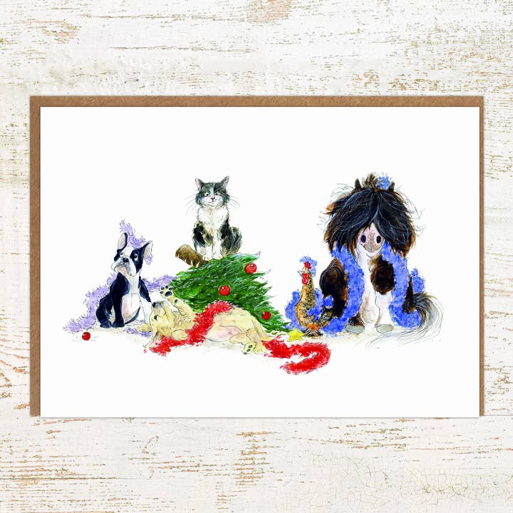 Deck the Halls - Pony, Dogs, Cat and Chicken Christmas Card for wholesale by Pony Nut Gifts