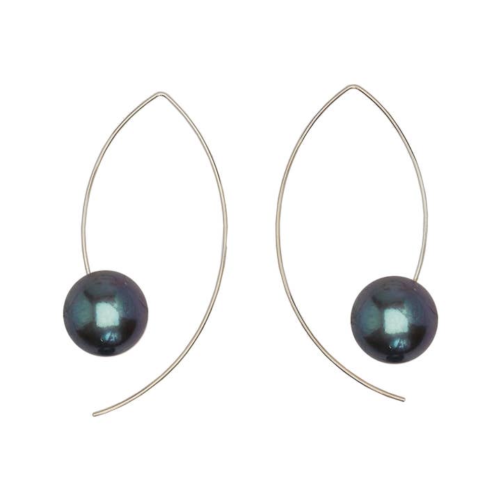 Long Curve Earrings with Round Fresh Water Pearls for wholesale by Melissa McArthur - Jewellery Made in London
