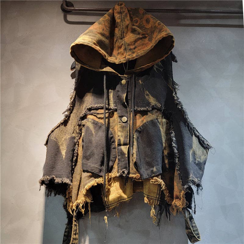 Sanyao Fashion – wholesale Set med topp och byxa – Dam – M229 Kantig Lappverk Denimväst med Huva & Harembyxor Set3