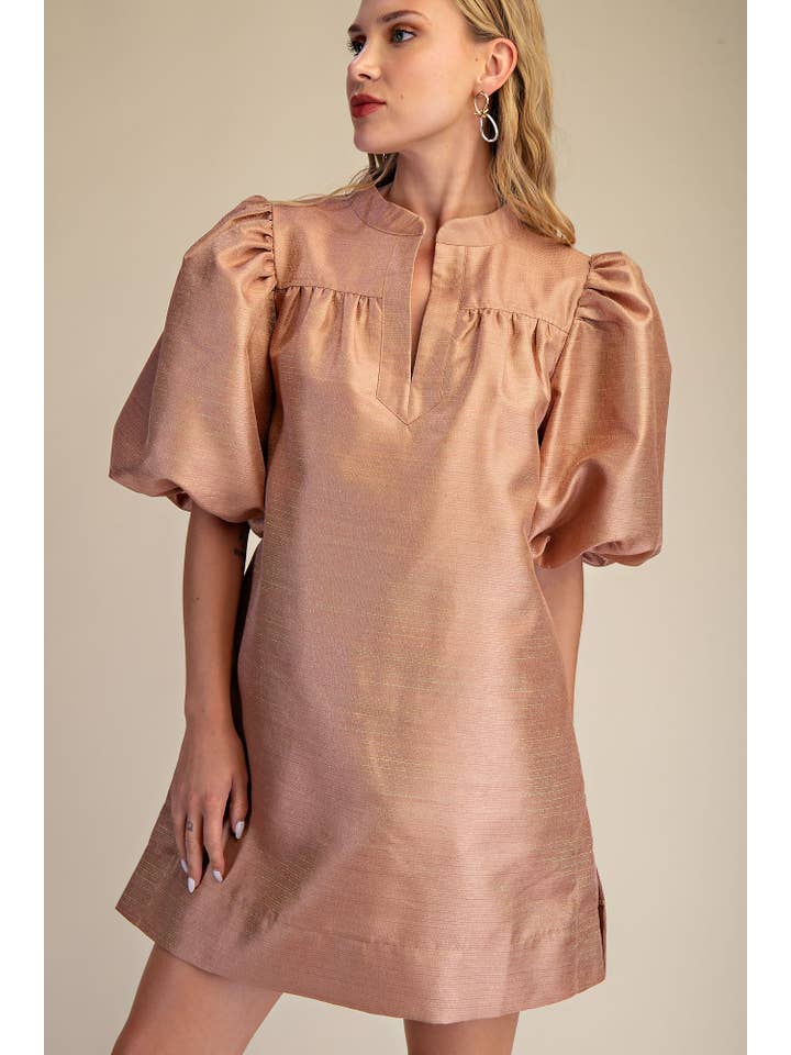 Glam - Wholesale Dress - Women's - Round Neck Puff Sleeve Mini Dress0