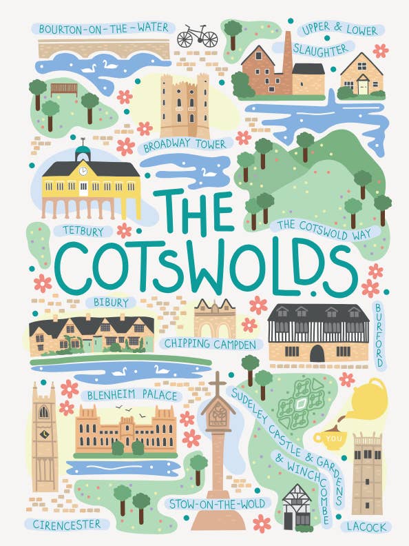 The Cotswolds Landmarks Organic Cotton Tea Towel for wholesale by Y.O.U Oxford