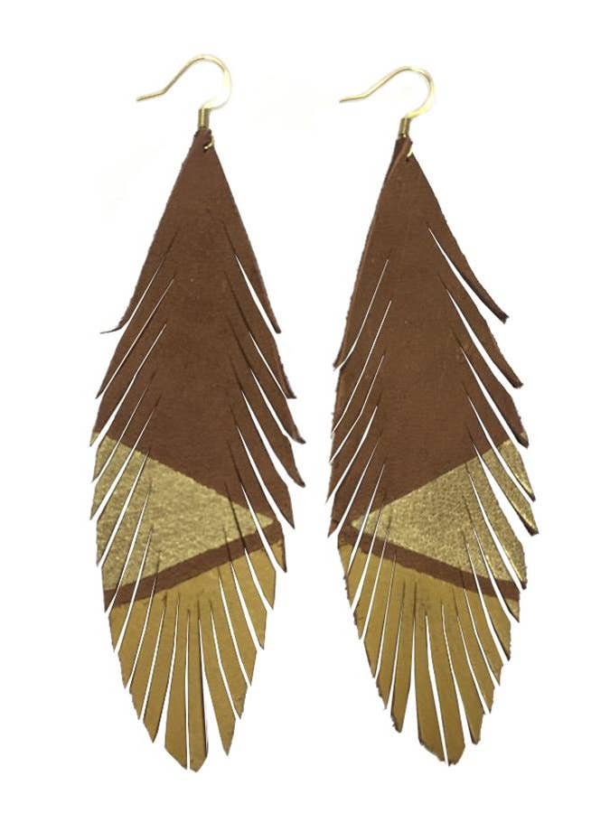 Feather Deerskin Leather Earrings - Gold Mustard for wholesale by The Supply Society