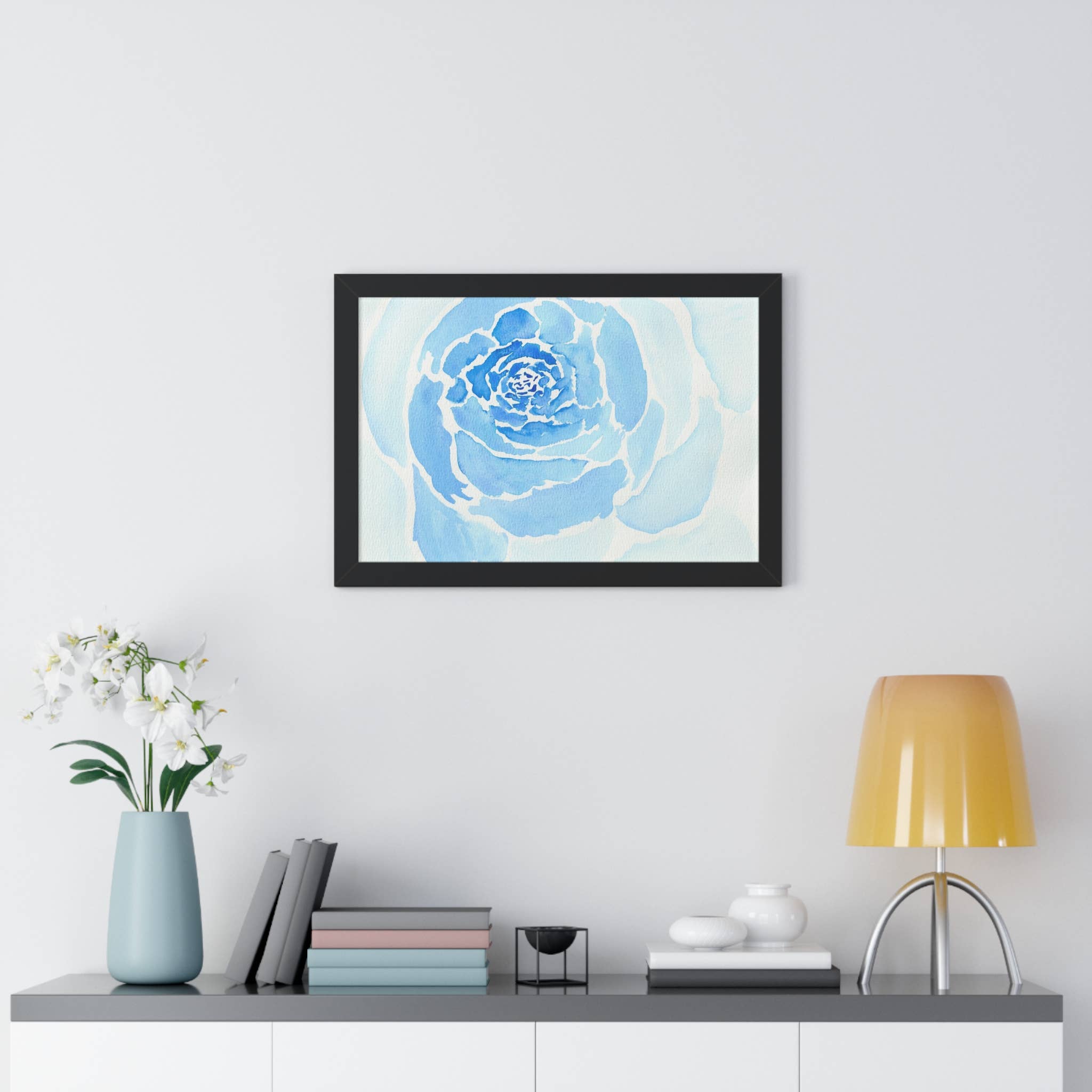 Oceane's Echo – wholesale Art print – Bold Blue Watercolor Rose - Framed Horizontal Poster11