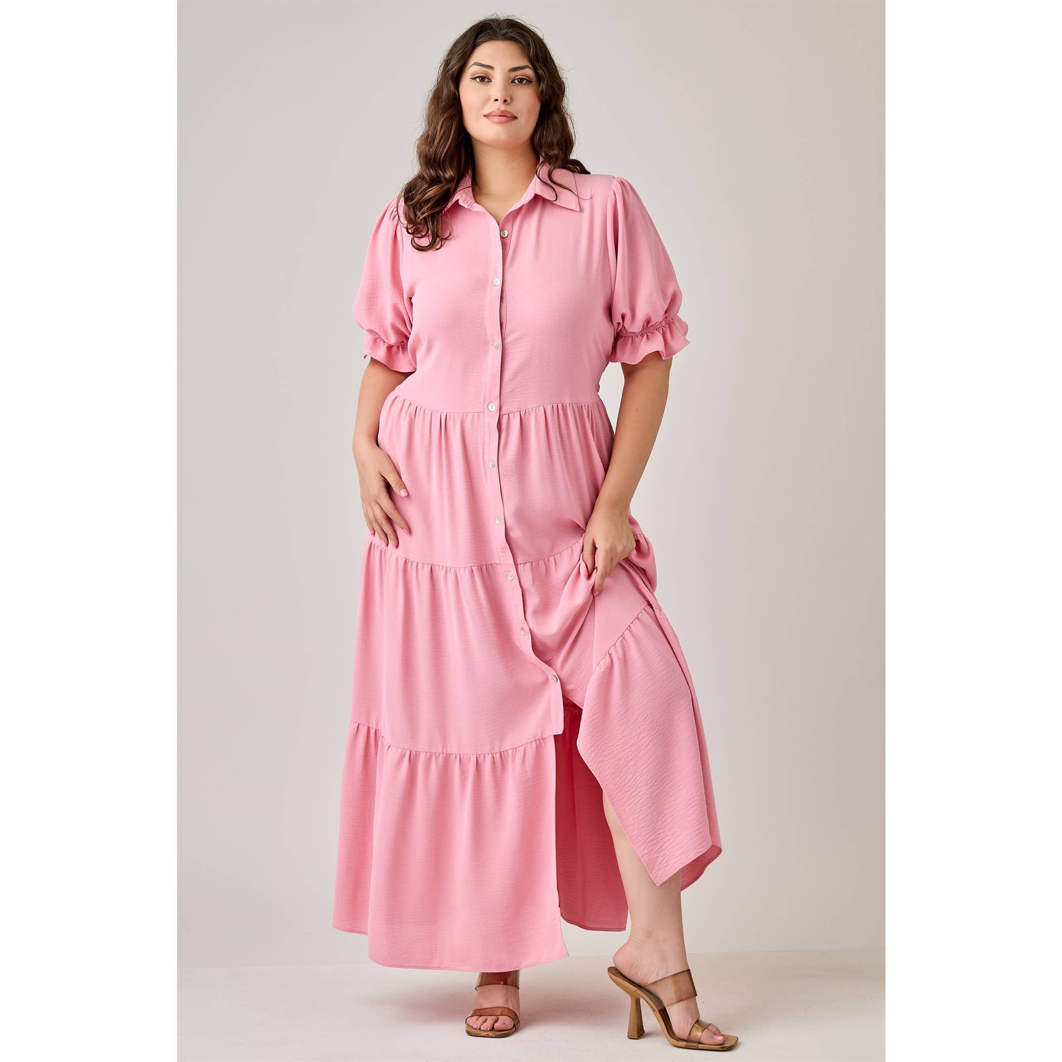 ORANGE CORAL PLUS SIZE BUTTON FRONT MAXI DRESS WITH TIERD HEM for wholesale on Faire22