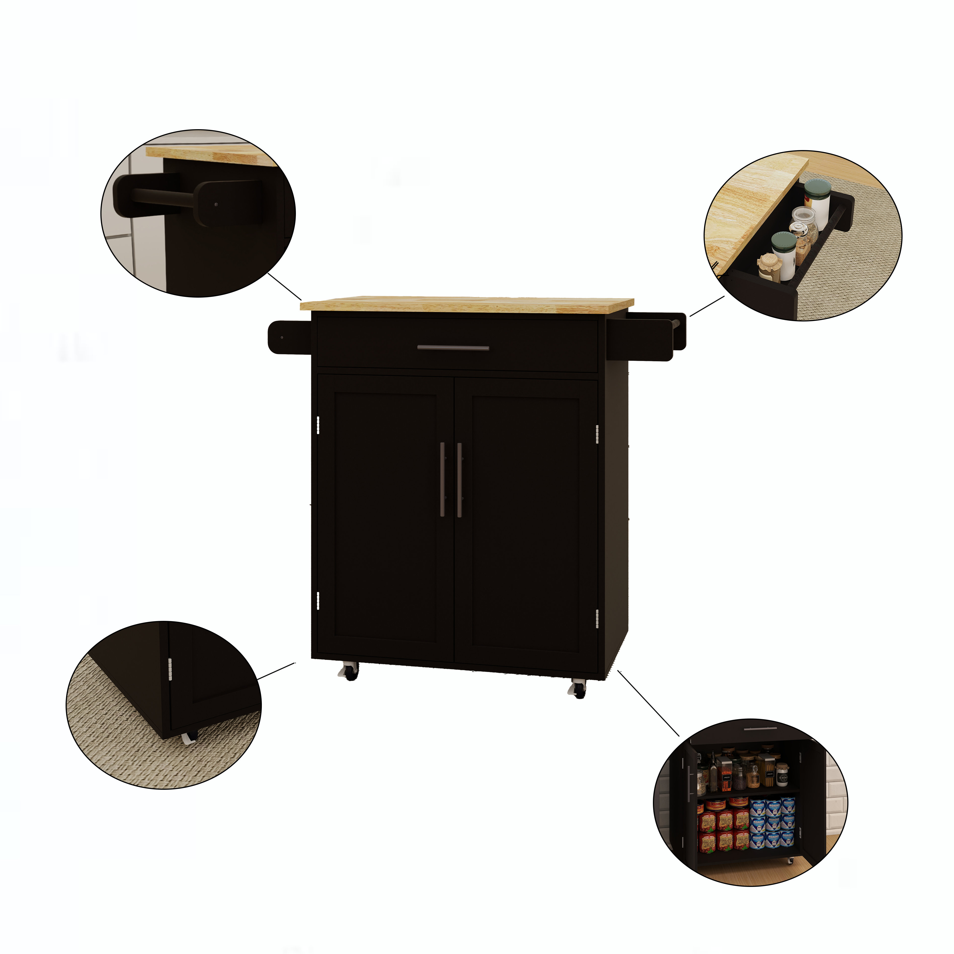 HOMYCASA DESIGN INC - Wholesale Kitchen Storage/Organizer - Open Kitchen Rolling Cart Rubber Wood Top Adjustable Storage2