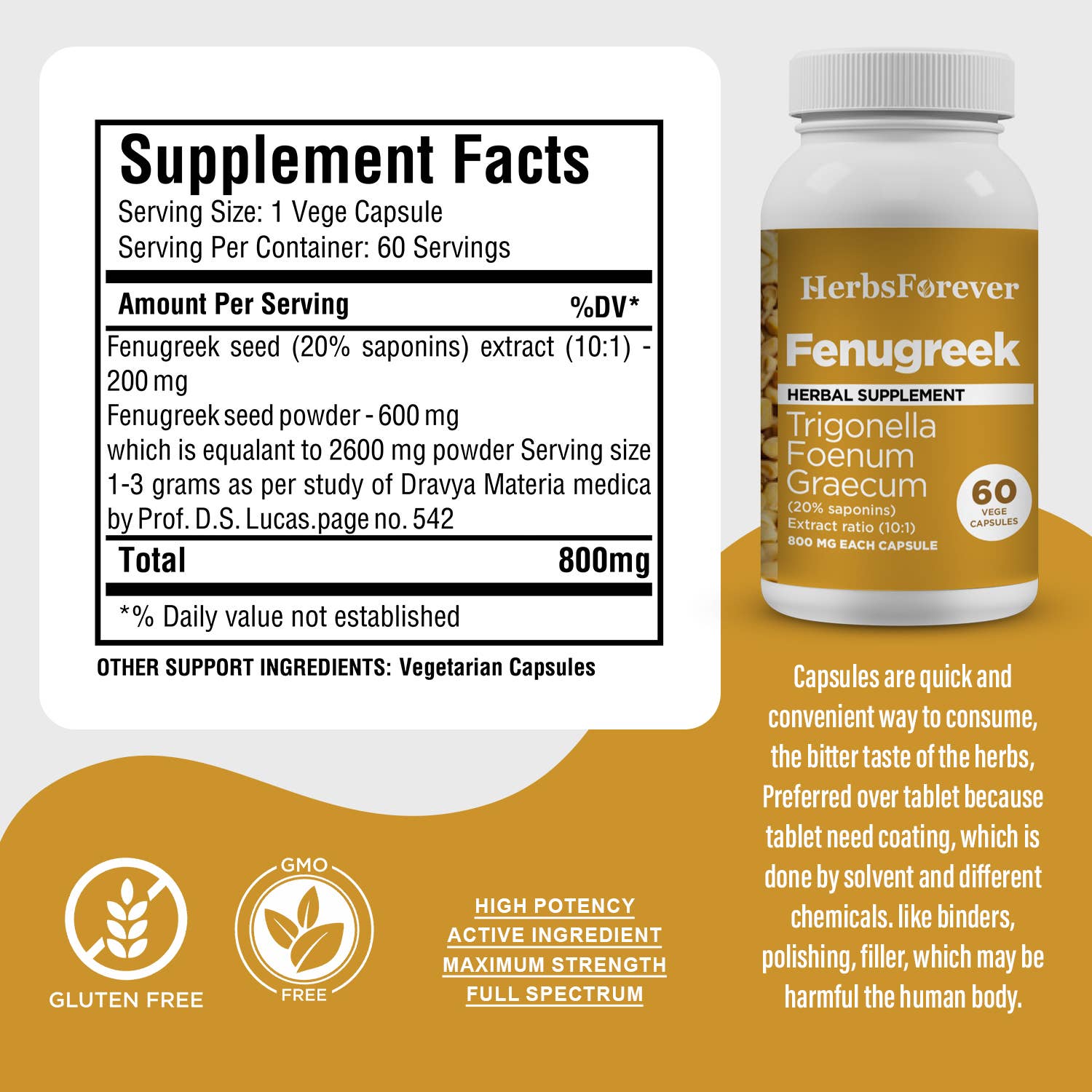 HerbsForever - Vente Supplément oral/vitamine - Gélules d'extrait de fenugrec 10:1 800 mg avec 20 % de saponines2