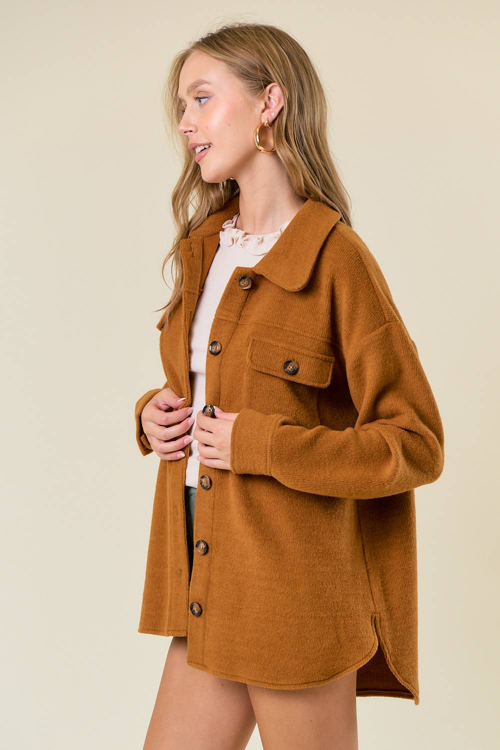 Doe and Rae - Wholesale Shirt Jacket/Shacket - Women's - Fleece Knit Button-Down Shacket W/ Patch Pocket - 10606J7