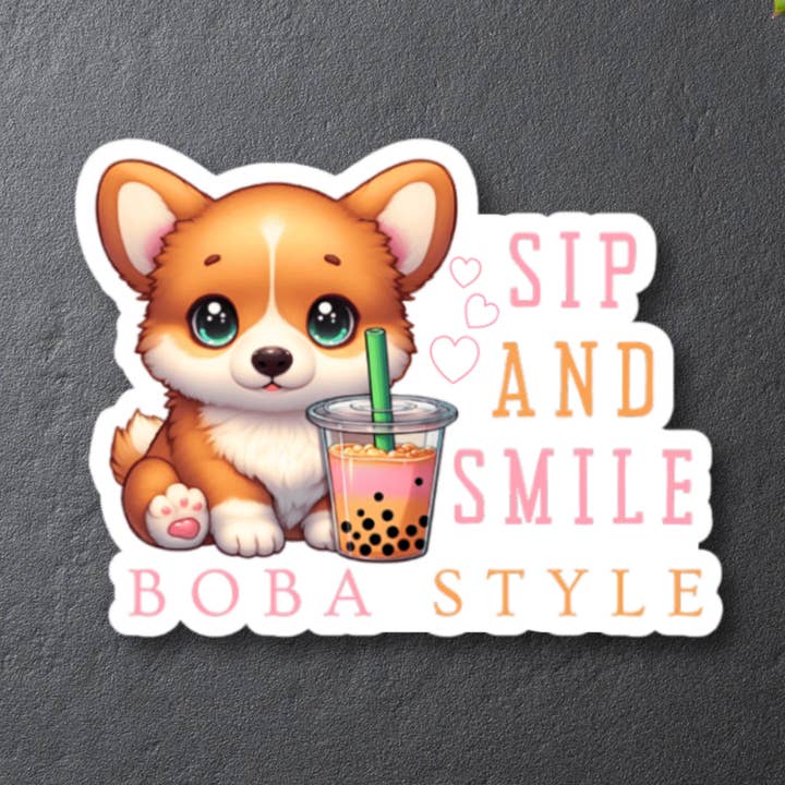 Sip and Smile Boba Style Sticker | Cute Corgi Boba Tea Decal for wholesale by Stormy Vision