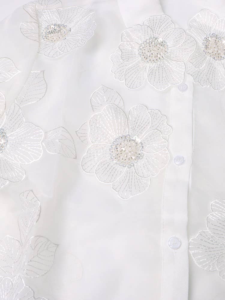 Productseeker - Vente Chemise à col boutonné – femme - Chemise en organza de luxe ST003 avec détails floraux en sequins 3D5
