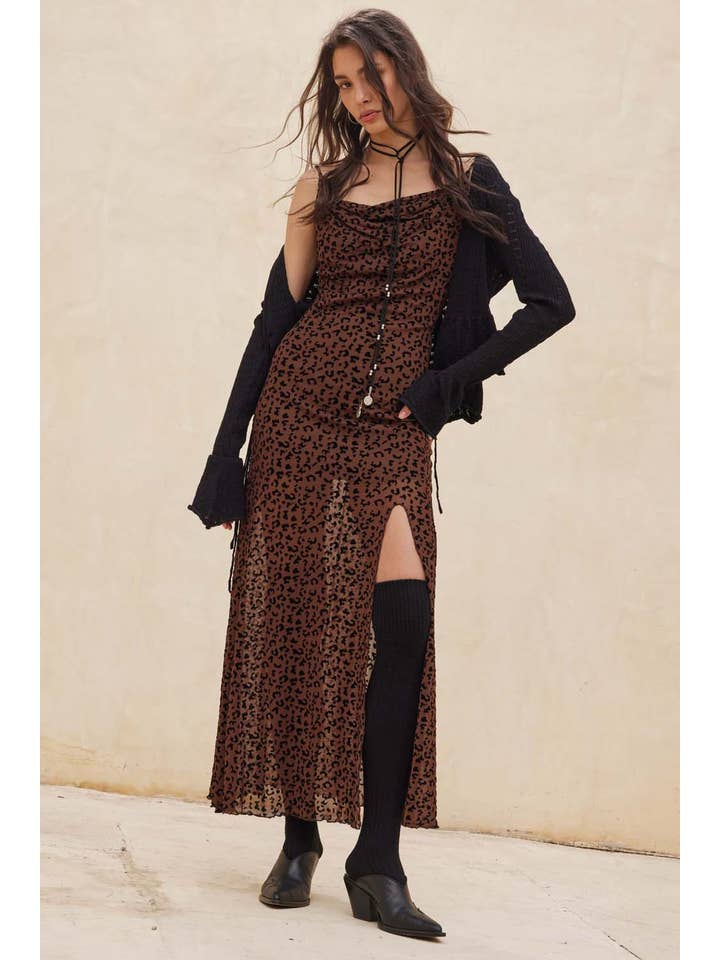 Promesa USA - Wholesale Dress - Women's - Flocked Leopard Mesh Cowl-Neck Maxi Dress6