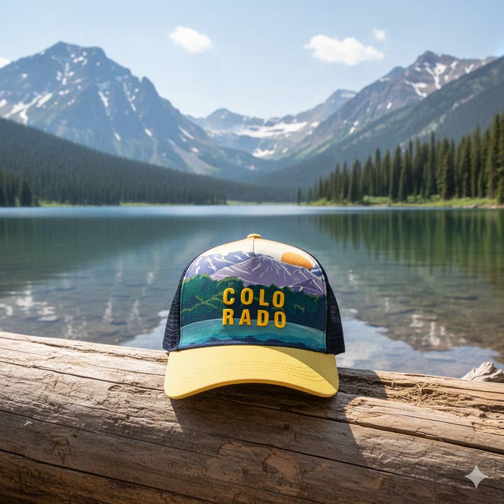 Colorado Scenic Mountain Sunset Outdoor Adventure Graphic Trucker Baseball Cap for wholesale by Northern Icons Creations INC