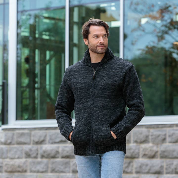 Lodge Hand Crafted Wool Sweater – Shawl Collar Zip Jacket for wholesale by Lost Horizons Canada