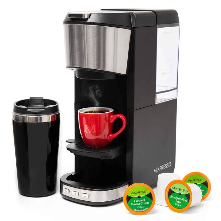 Mixpresso Coffee Maker Single Serve For Ground Coffee & Compatible With K Cup Pods, With 14oz Travel Mug & Reusable Filter For Home, Office & Camping, 30oz Removable Water Tank. for wholesale by Mixpresso