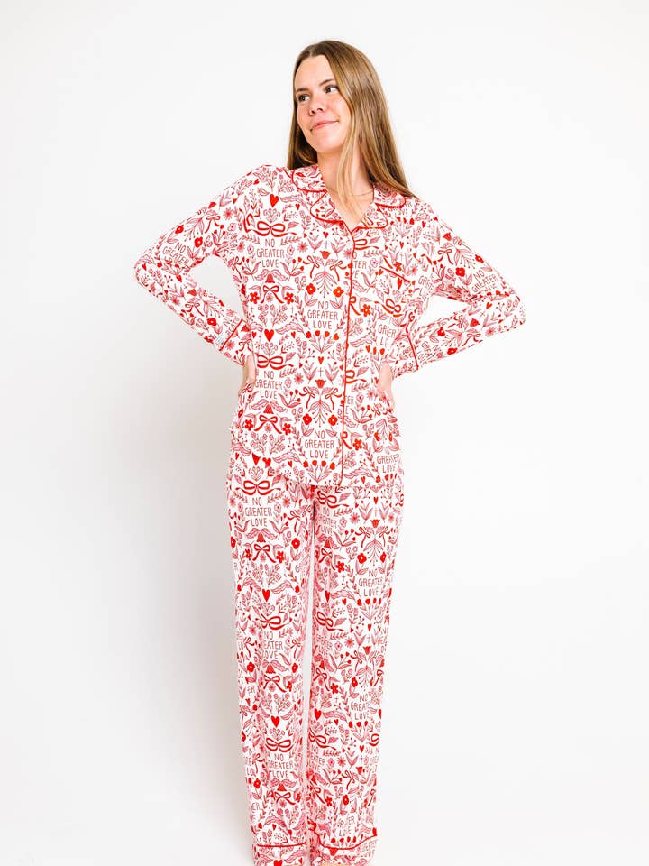 No Greater Love Pink Women's PJ Notch Collar Set Bamboo for wholesale by Holy Pals