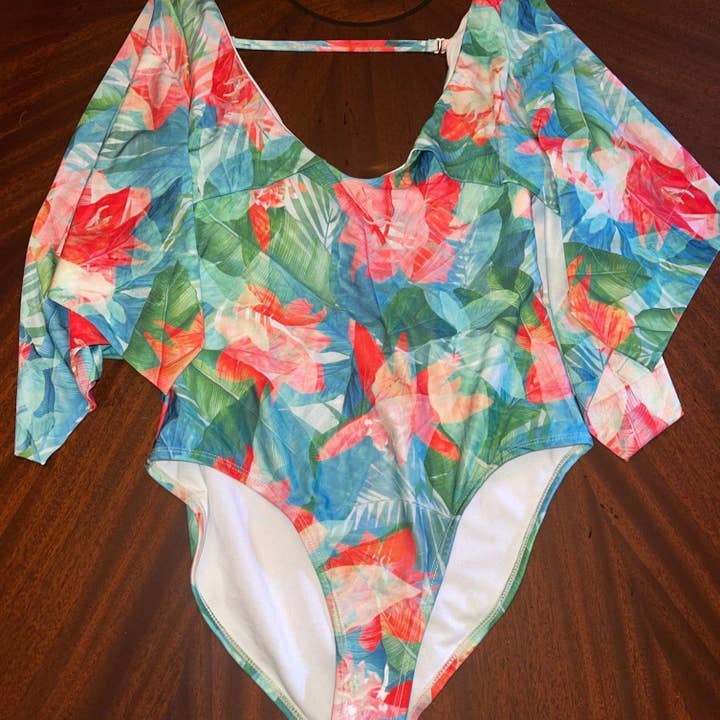 Hibiscus Bell Sleeve Backless One Piece Swimsuit for wholesale by Camaroha Sutra LLC