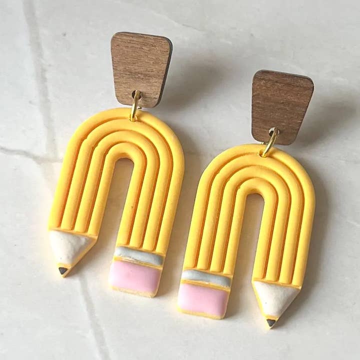 Pencil Earrings: Handmade Polymer Clay Rainbow Arch for wholesale by Timber & Clay