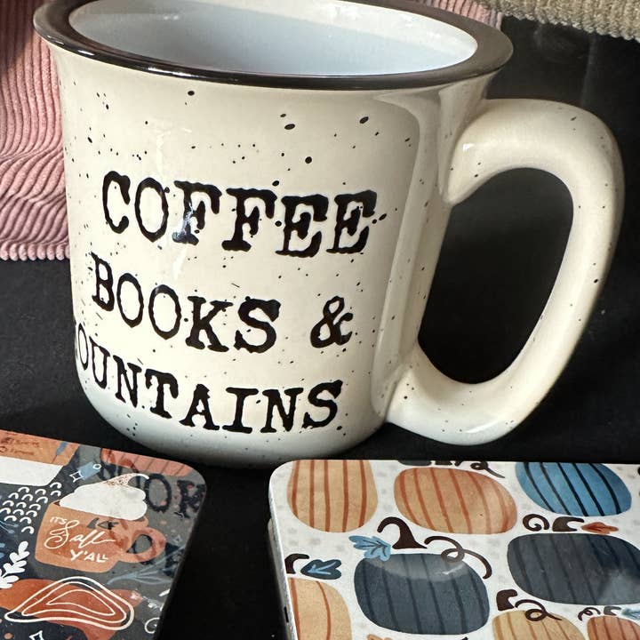 Books Coffee Mountains 13oz Heavy Ceramic Camp Style Mug for wholesale by This Joyful Home