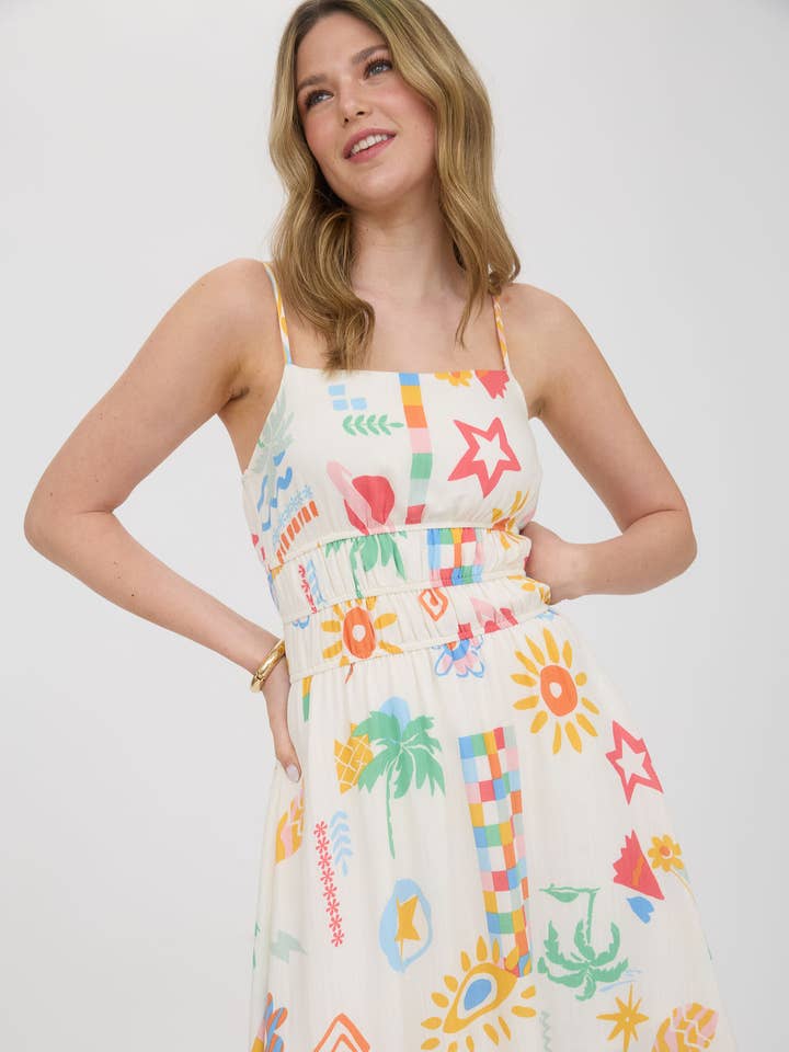 CREAM MULTI SUMMER PRINT SPAGHETTI STRAP MIDI SUNDRESS for wholesale on Faire