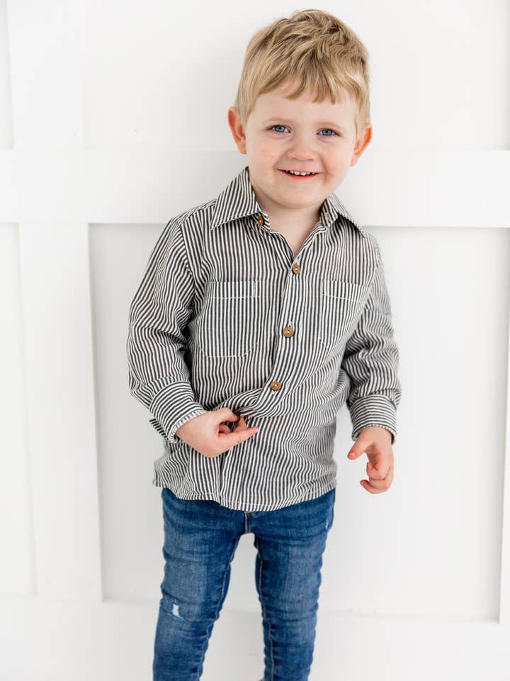 Yo Baby – wholesale Skjortor – Barn – Grårandiga tryckta pojkskjortor2