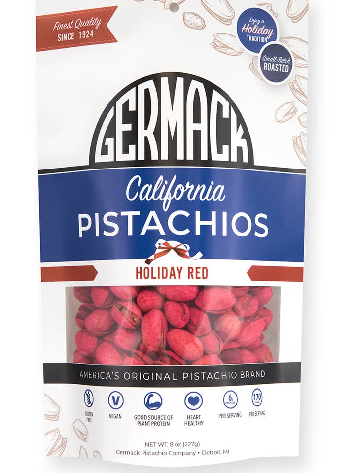 Holiday Germack Traditional Pistachio - Red - 8 oz. for wholesale by Germack Pistachio Company
