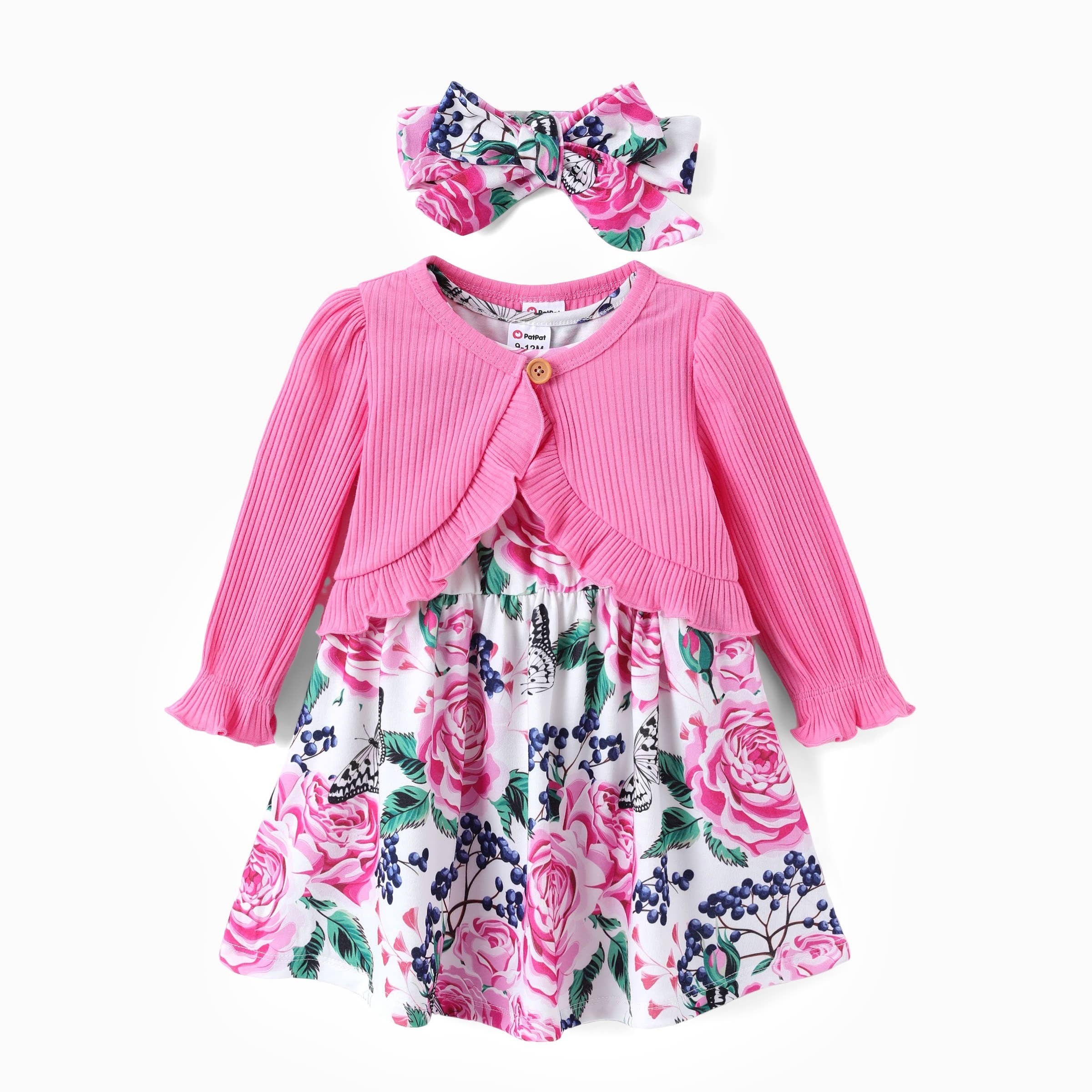 PatPat - Wholesale Jurk - Kinderen - 93% Katoenen Baby Meisjes Bloemenjurk met Vest & Haarband1