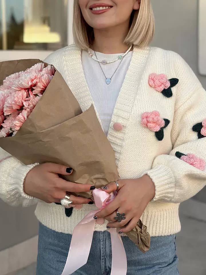 Rosa Clothing - Wholesale Cardigan - Women's - cute little rose ball 3D flower knit cardigan