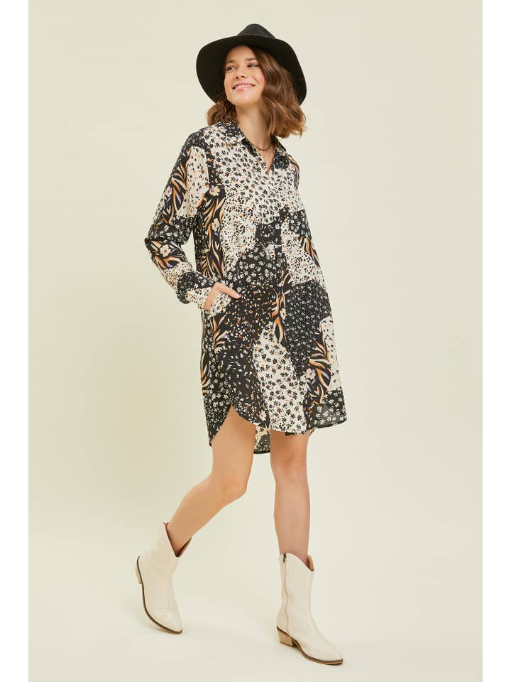 BLACK MULTI ED5271-1 BUTTON DOWN SHIRT DRESS WITH POCKETS for wholesale on Faire