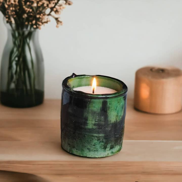 Moroccantastics - Wholesale Jar/Filled Candle - Luxury Handmade Moroccan Shaded Green Tamegroute Scented Soy Wax Candle with Ceramic Holder1