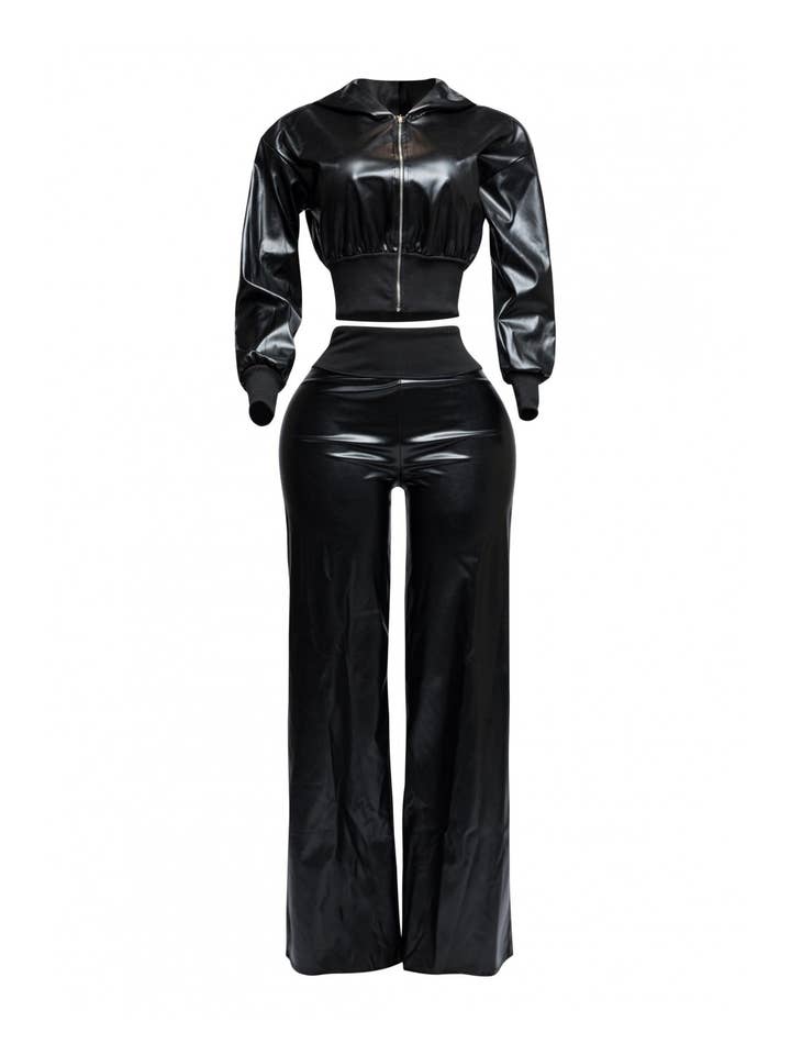 Boswell - Wholesale Top & Pant Set (NOT Loungewear) - Women's - PU HOODIE JACKET AND WIDE LEG PANTS SET