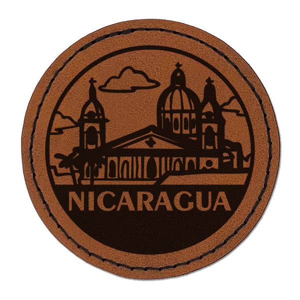 Nicaragua Granada Cathedral Country Destination Round Iron-On Engraved Faux Leather Patch Applique - 2.5 Inch - Brown for wholesale by Sniggle Sloth