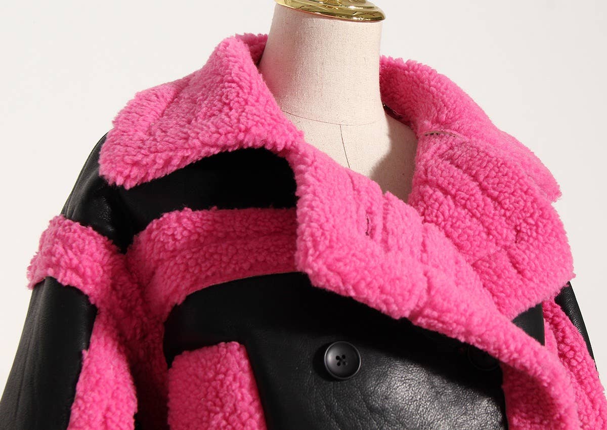 Färg som bilder JK179Y Djärv Kontrast Fuskpäls Motojacka med Breda Slag för wholesale på Faire7