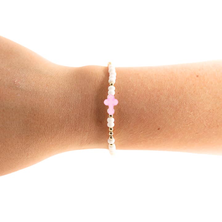 Beaded Blondes - Wholesale Beaded Bracelet - Kids - Pink Cross Sprinkle Bracelet (Kids Size)