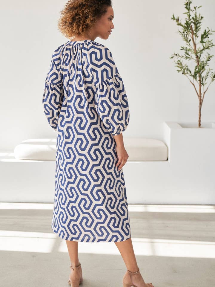 ocean+main - Wholesale Dress - Women's - Navy Geometric Cotton Belted Aubrey Peasant Dress with Pockets